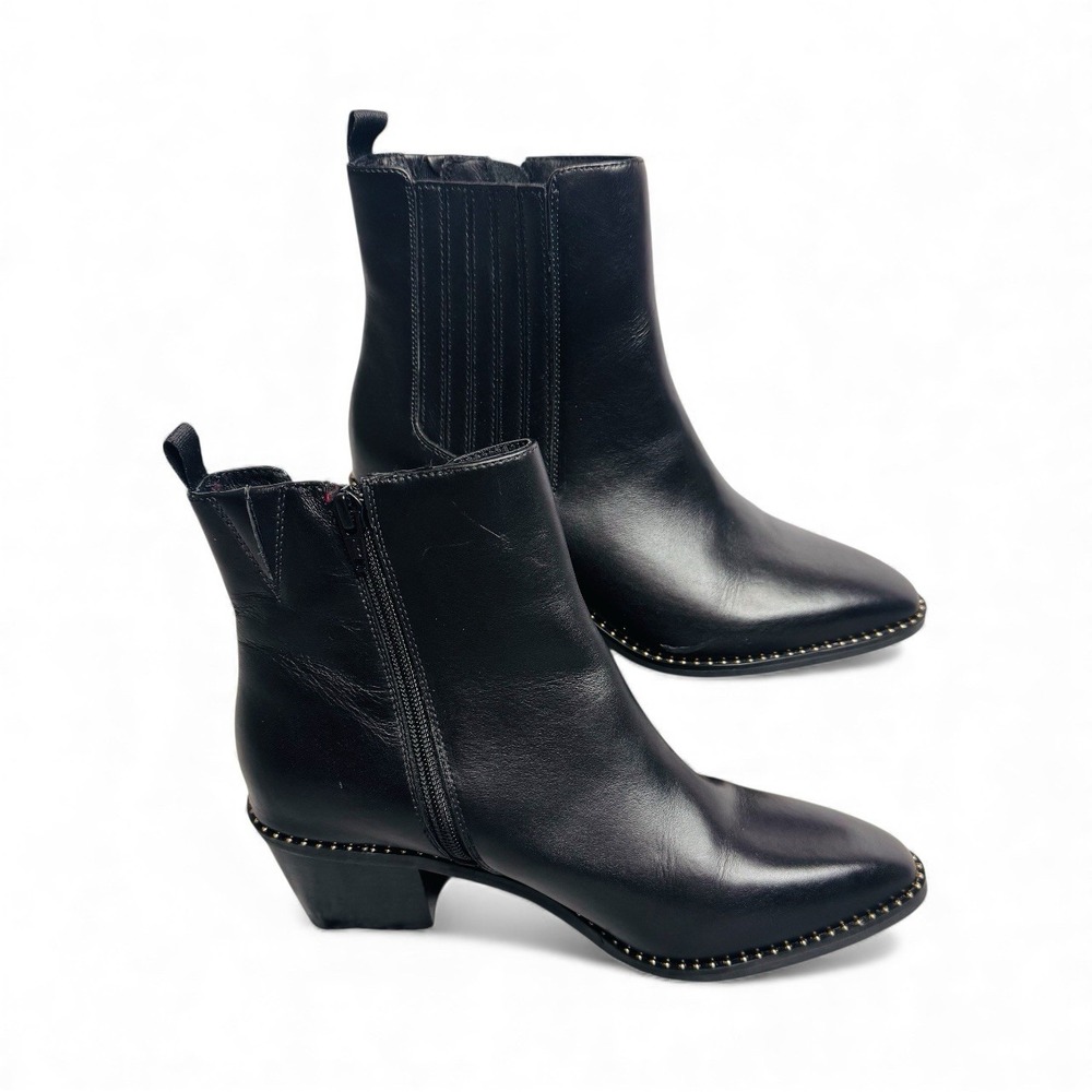 Deltan, women's Sz 9 black leather zip-up studded heeled ankle boots